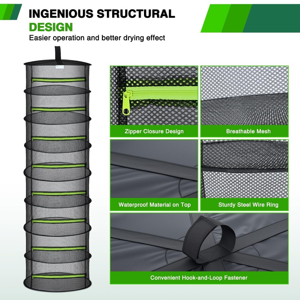 8 Layer Herb Drying Rack Hanging Mesh Foldable Plant Drying Racks 24" w Green...