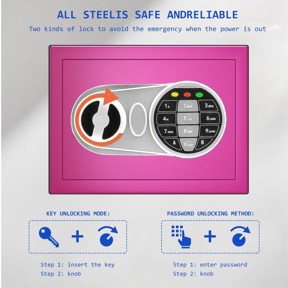 Pink Safe Box With Sensor Light Electronic Digital Keypad Steel Hidden
