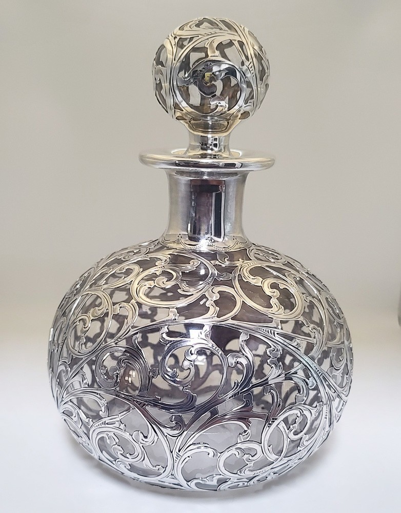 CLEAR SILVER OVERLAY CLARET / BOTTLE / PERFUME, MAKER: ALVIN, 8"