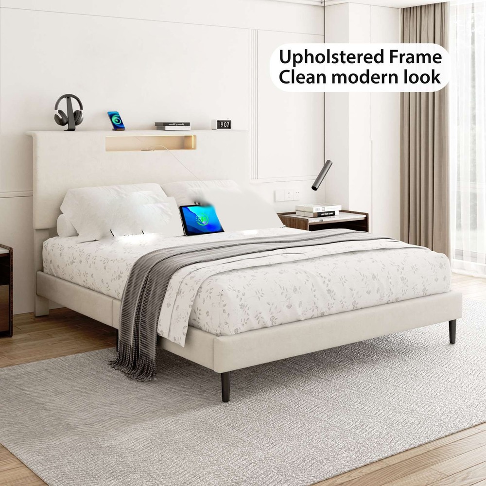 Upholstered Platform Bed Large Size Frame With LED Light And Charging Function
