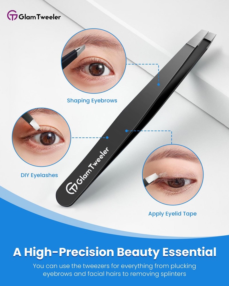Expert Slant Tip Tweezers with Leather Case, Sharp & Precision Stainless Stee...