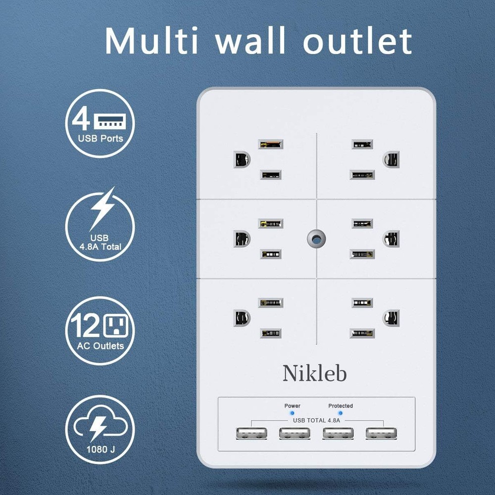 Multi Plug Outlet Surge Protector Nikleb, 12 Electrical Extender White