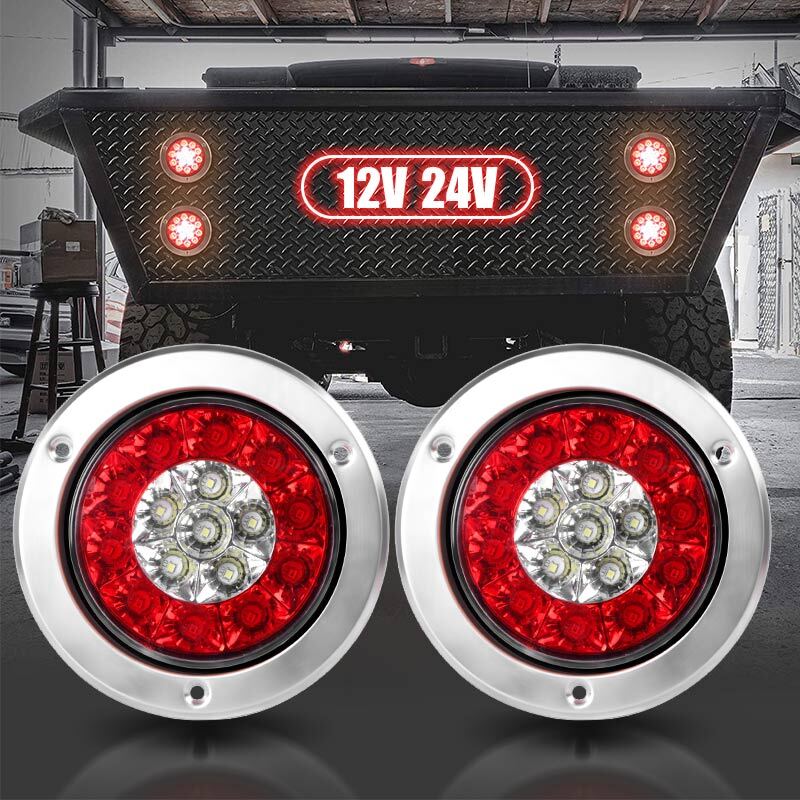 Red/White 4"inch Round Truck Trailer LED Tail Brake Lights Stop Turn Signal DRL