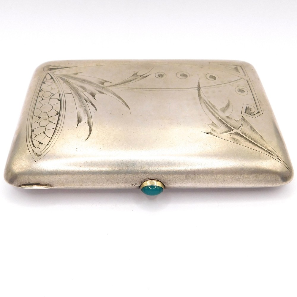 RUSSIAN IMPERIAL ARTS & CRAFTS SILVER & CHRYSOPRASE CIGARETTE CASE