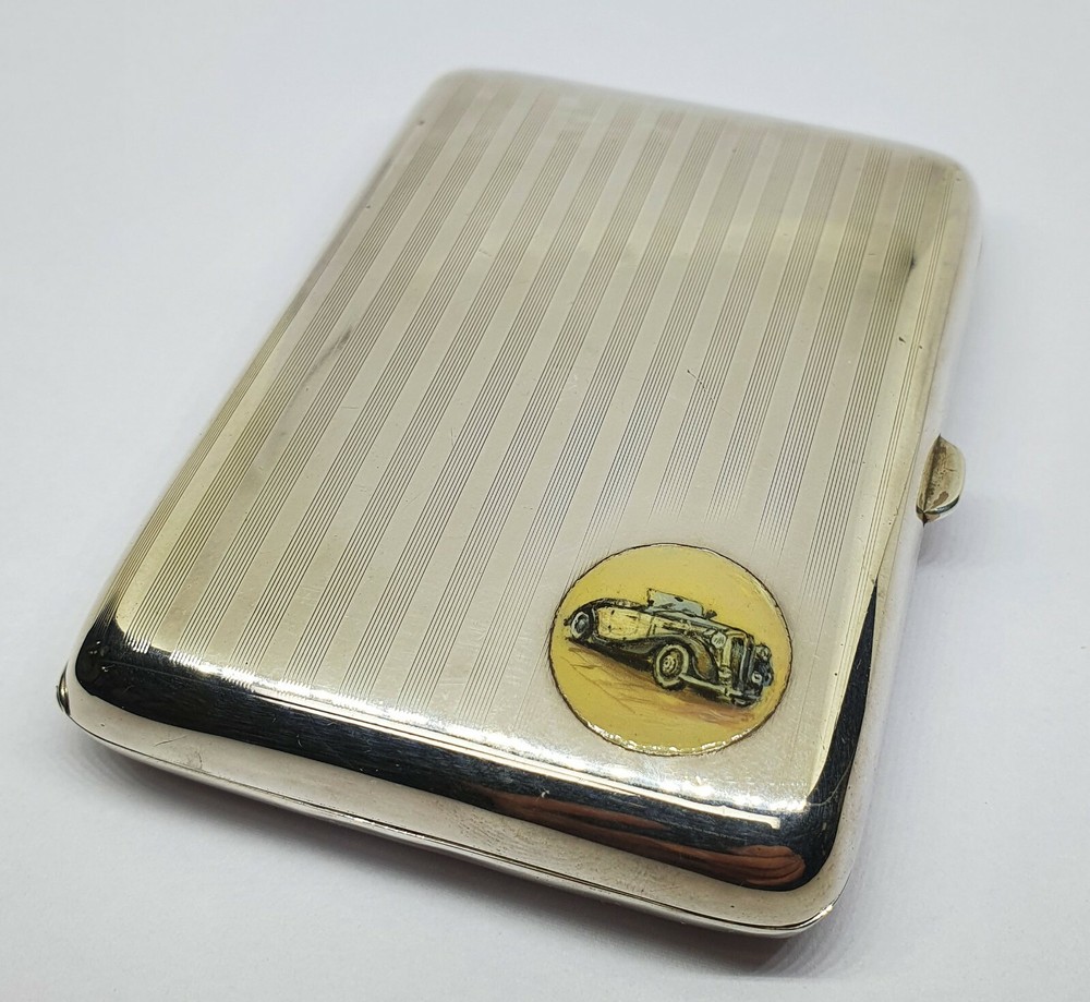 Antique Sterling Silver Car Enameled Cigarette Case - 143