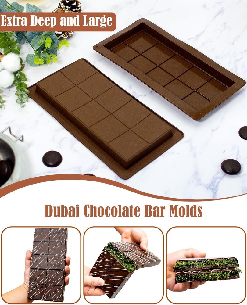 Dubai Chocolate Bar Mold Silicone Chocolate Bar Molds Deep Rectangular 2 Pack