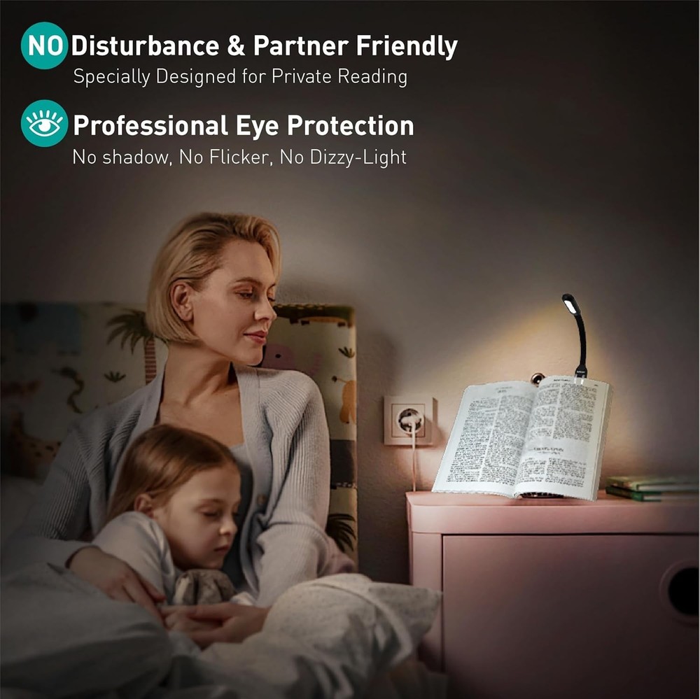 Rechargeable LED Book Light with 4 Color Temperatures - Eye-Caring & Portable