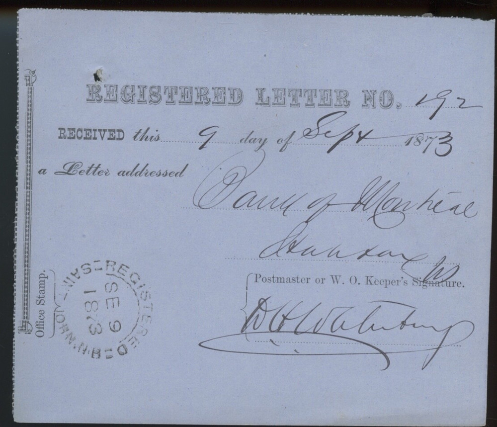 🍁 1873 Registered LETTER receipt Saint John, N.B. nice Canada