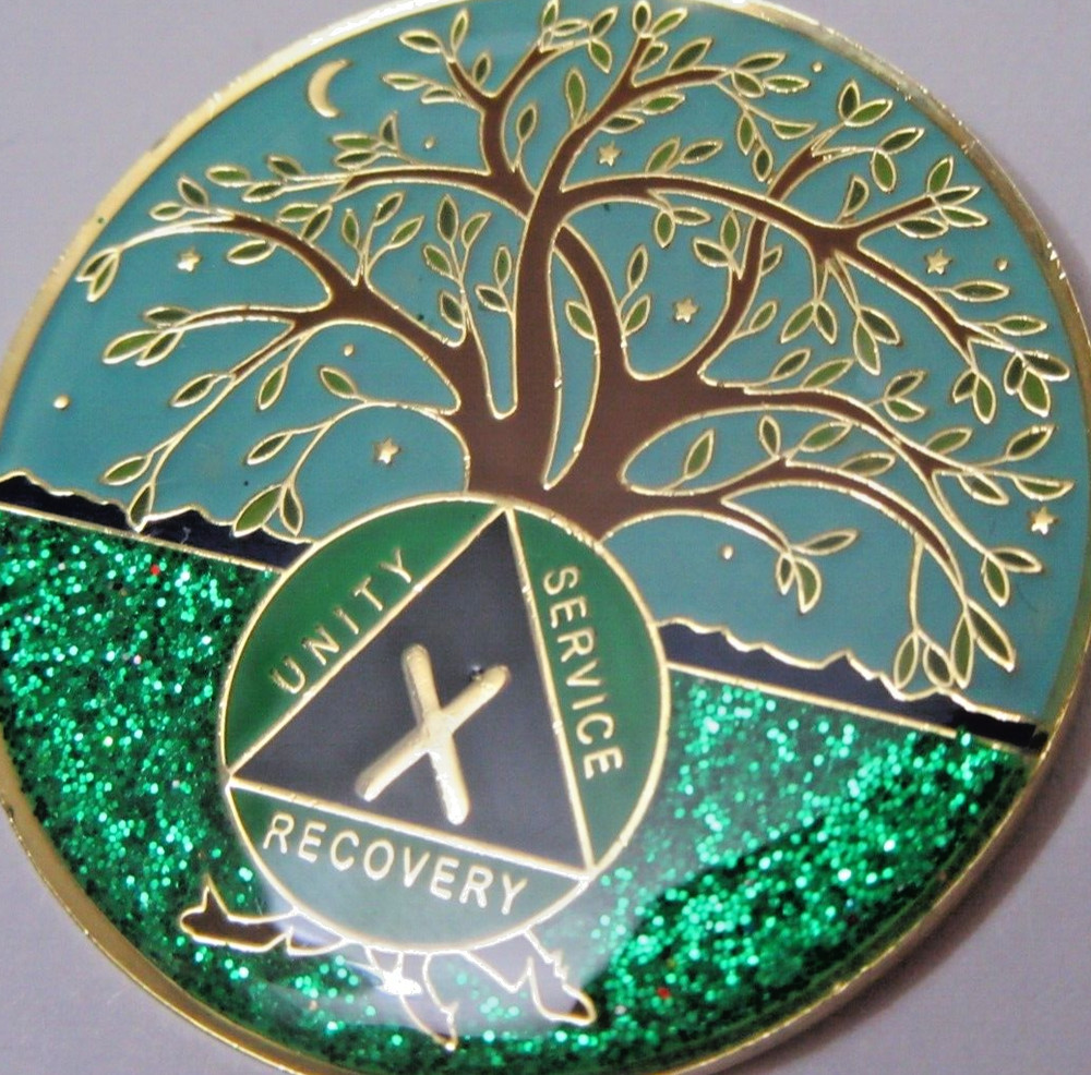 Tree Blue green SPARKLE Alcoholics Anonymous 10 year Medallion Coin Token chip