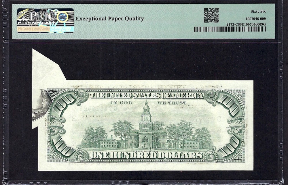 🇺🇸 ERROR 1990 $100 ♚♚PRINTED FOLD ERROR♚♚ PMG GEM UNC 66 EPQ SCARCE !!!