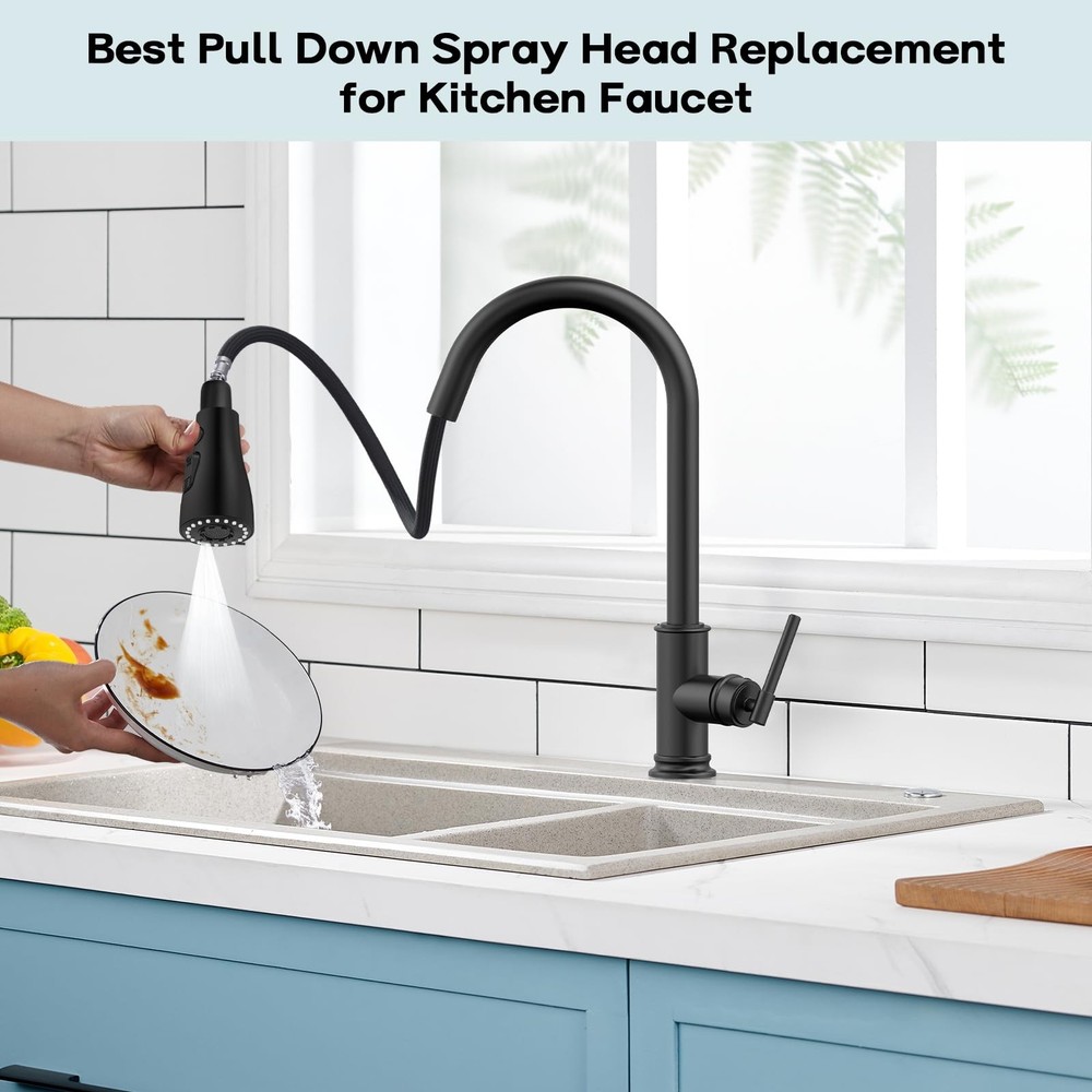DEERFEI Pull down Kitchen Faucet Head Replacement 3 Modes Sprayer Matte Black