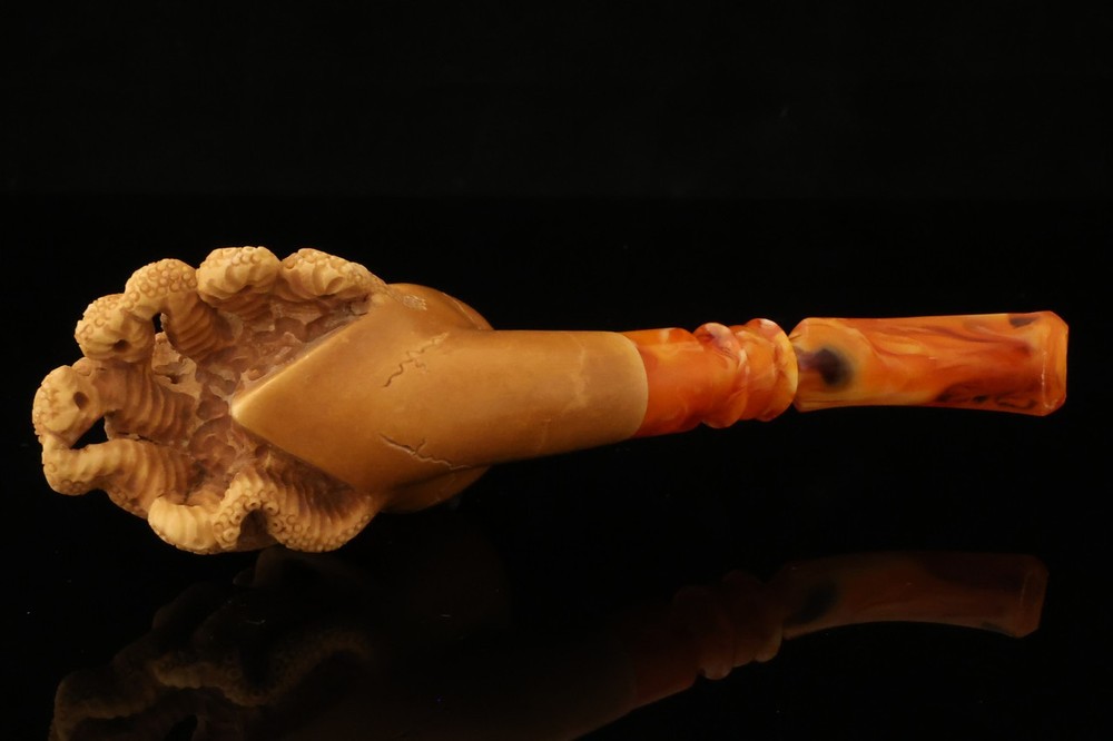 srv - Octopus Skull Block Meerschaum Pipe with fitted case 15464