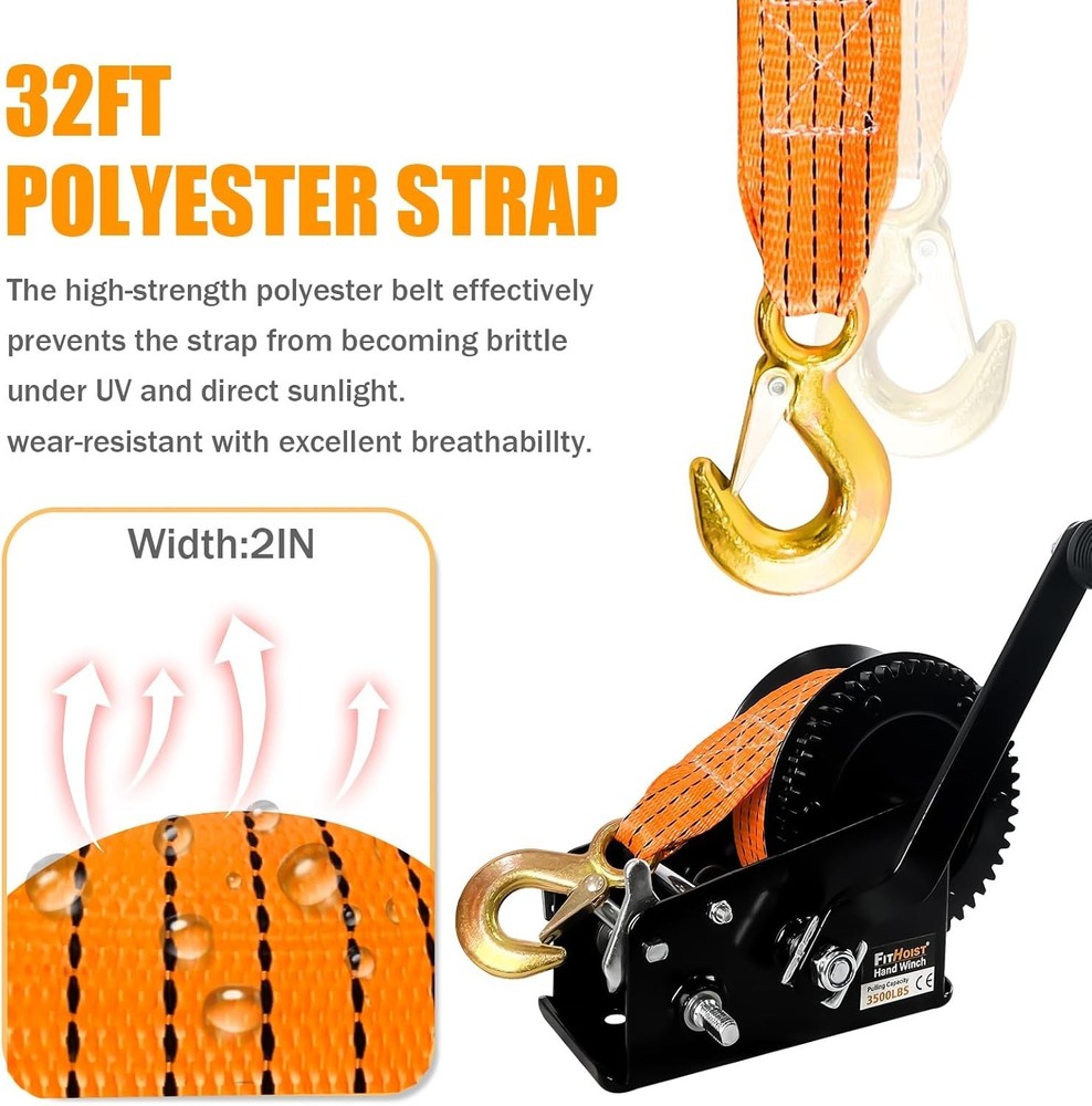 Boat Trailer Winch，Heavy Duty Hand Winch with Polyester Strap, 3500LBS