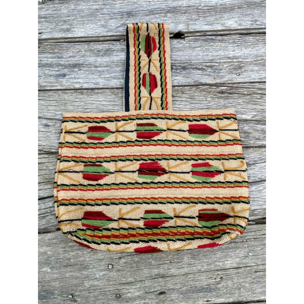 Vintage 1970s Burlap wool Embroidery Tote Bag Boho Hippy