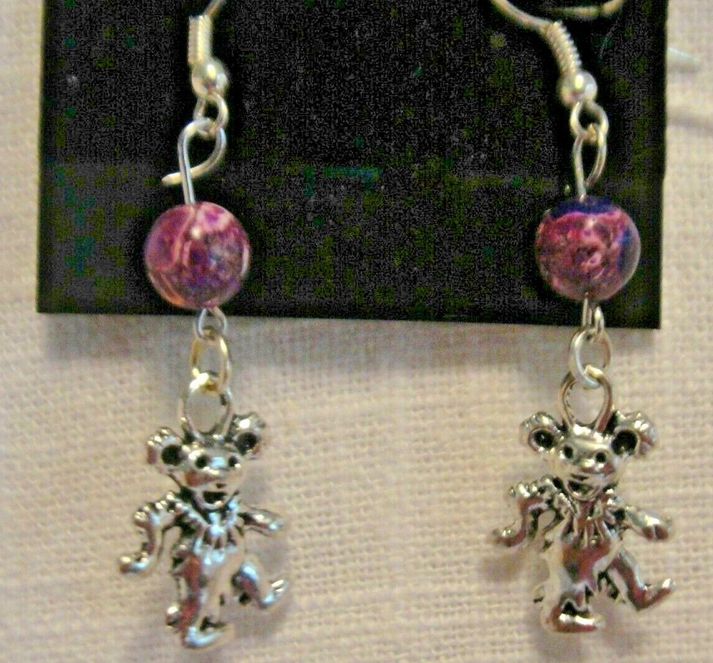 GRATEFUL DEAD DANCING BEAR BEADED EARRING-PURPLE