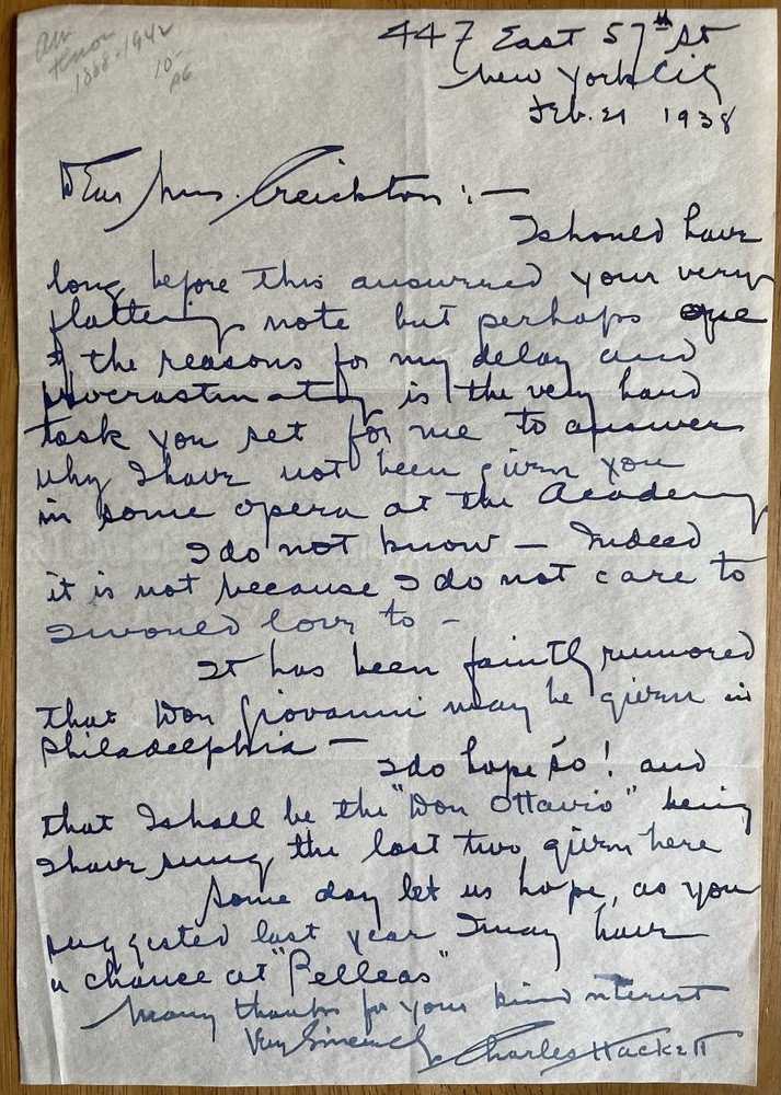 Tenor Charles Hackett Autograph Letter