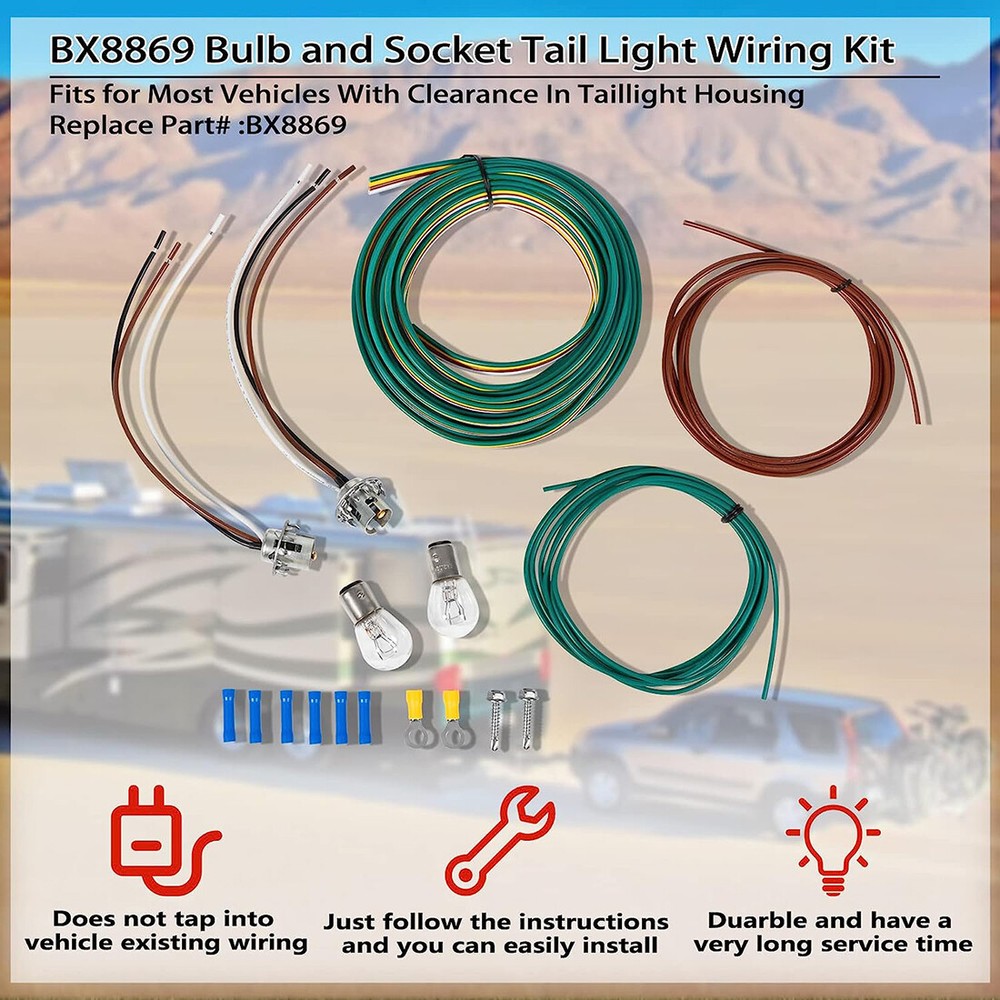 BX8869 Bulb & Socket Tail Light Wiring Kit, Compatible with Most Vehicles