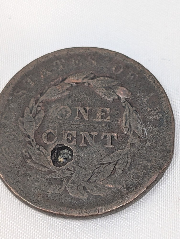 1838 Coronet Head Large Cent Damaged Pitted Hole
