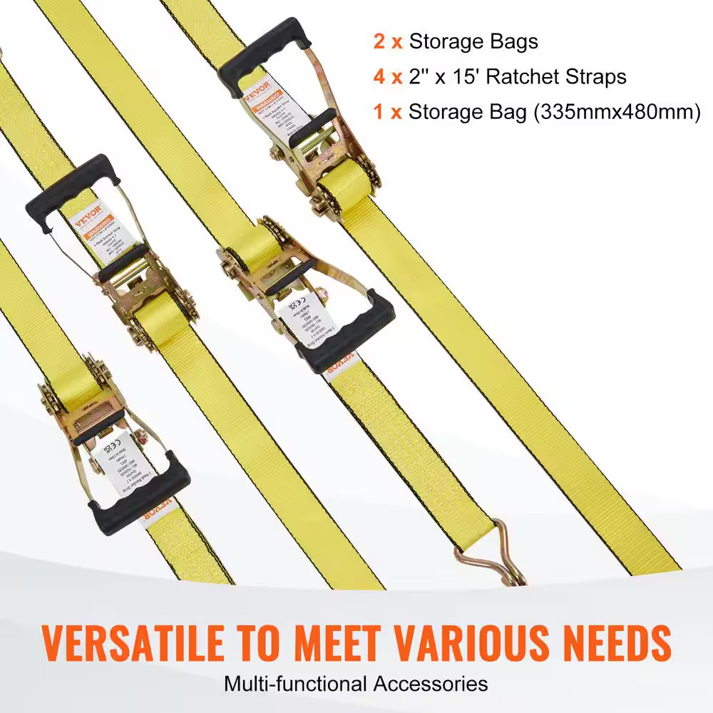 Ratchet Tie down Straps (4PK), 5000 Lb. Break Strength, Double J Hook Includes 4