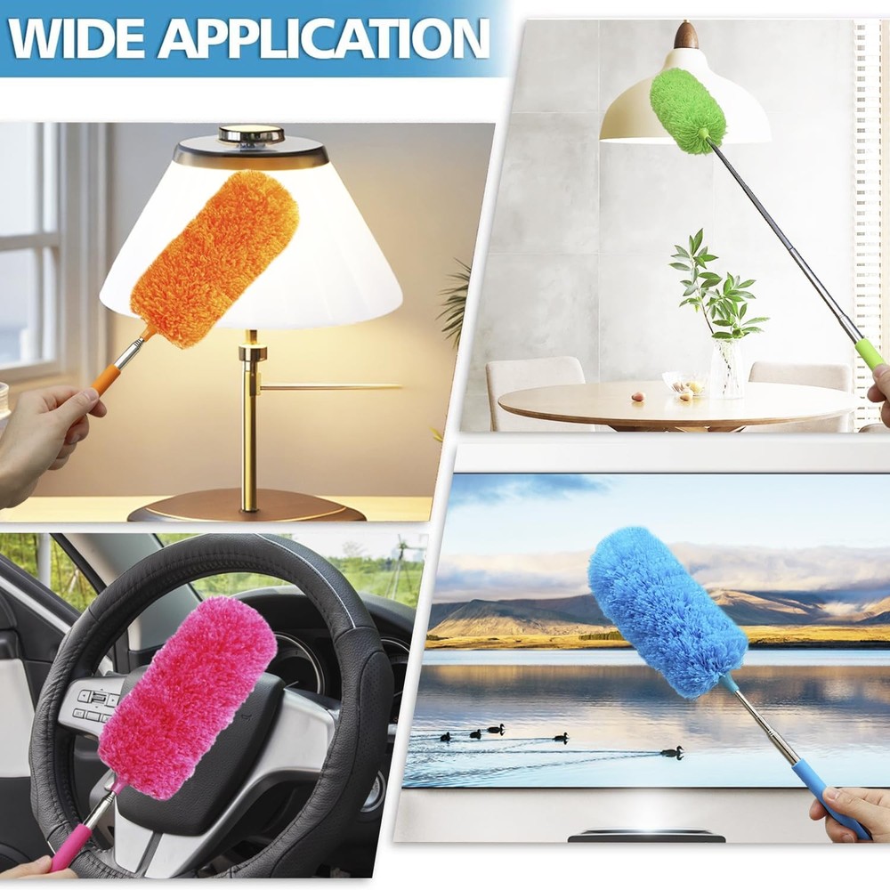4 Pcs Washable Microfiber Feather Duster Extendable Pole Bendable Head Cleaning