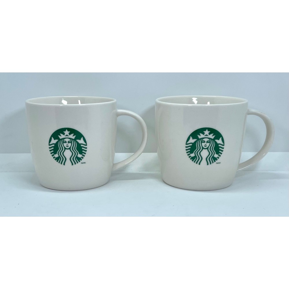 Starbucks 2013 Classic Basic White Ceramic Green Mermaid Coffee Mug Cup SET 12oz