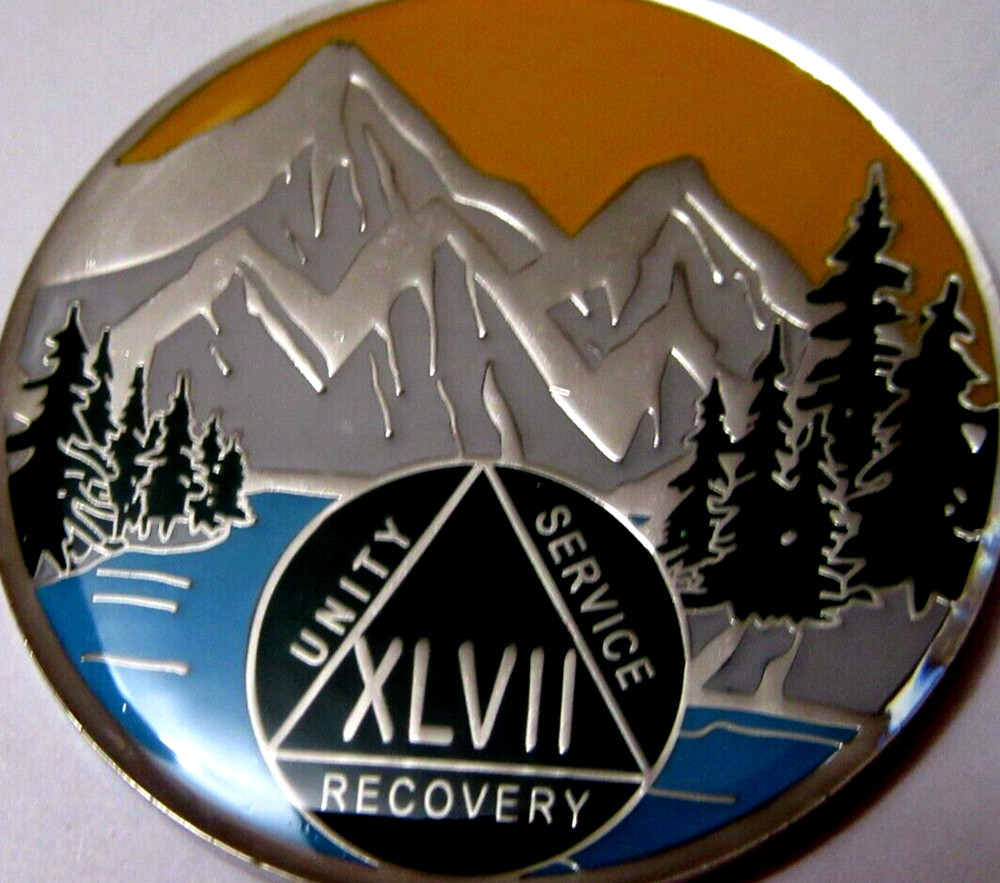 Mountain Blue green Alcoholics Anonymous 47 year AA silver Medallion Coin Token