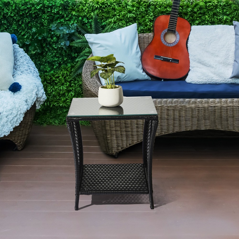 Outdoor Black Wicker Side Table Rattan Square Side Table Courtyard Coffee Bistro