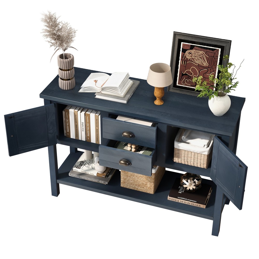 Solid Wood Sideboard Console Table w/ 2 Drawers, Cabinet, Navy Blue
