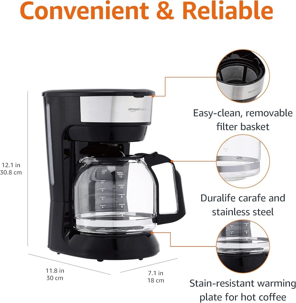 Amazon Basics 12 Cup Coffee Maker Reusable Filter Black Stainless