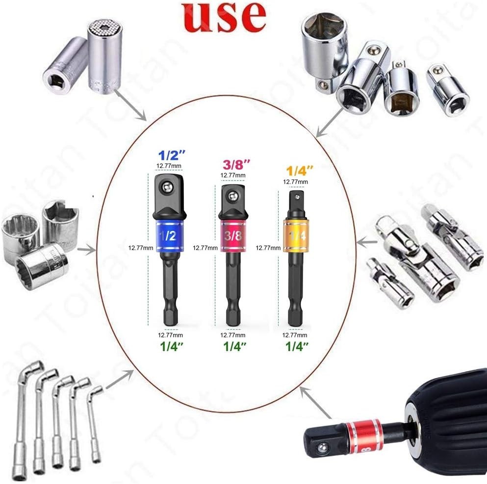 Color-Coded Impact Socket Adapter Set: 3 Essential Sizes + 105° Tool Extension