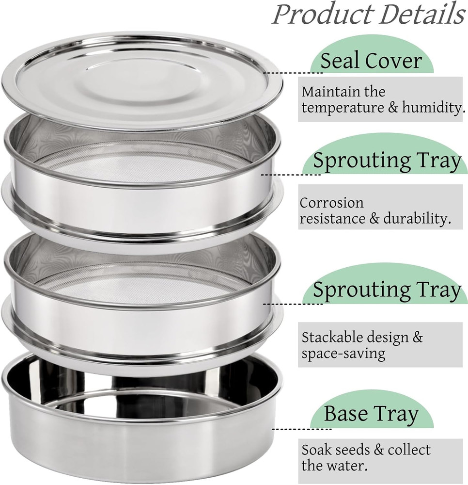 9" Stackable Stainless Steel Seed Sprouting Kit, 3-Tier Mesh Germination Tray, S