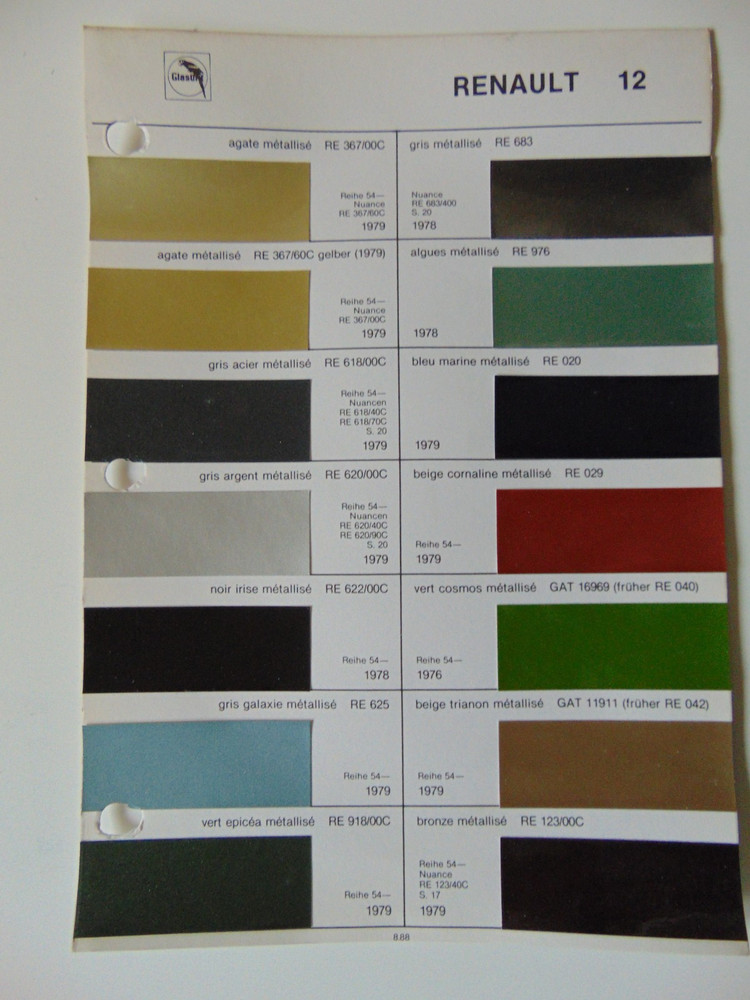 Original Glasurit Renault Paint Chips Sheet - 1978-1979