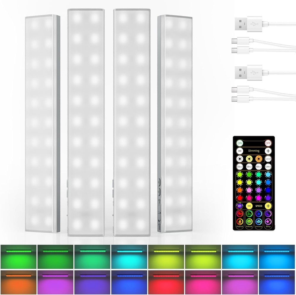 80 Color LED Light Bars 4 Pack Rechargeable Under Cabinet Magnetic Remote