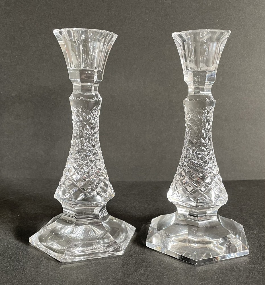 (2) Crystal Diamond Point Cut Candlestick Holders 6.5”