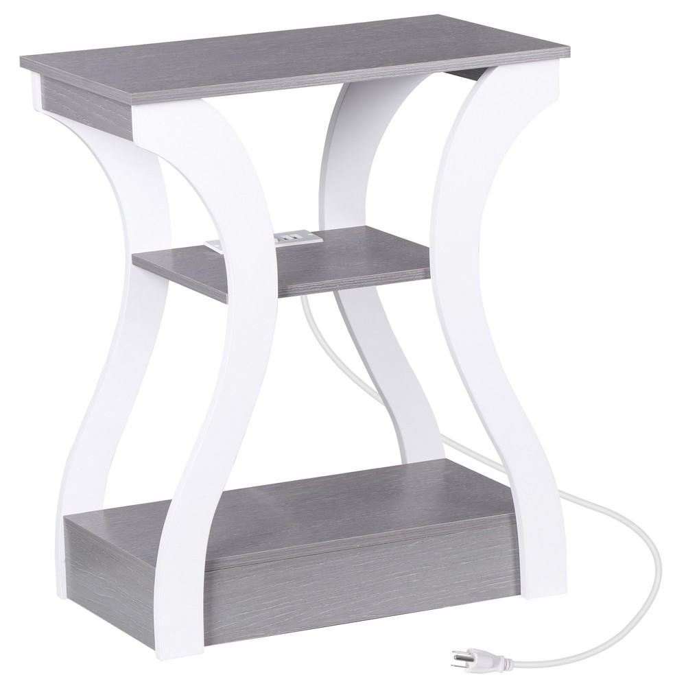 Grey End Tables With Charging Station Three Tier Storage Durable Engineered Wood