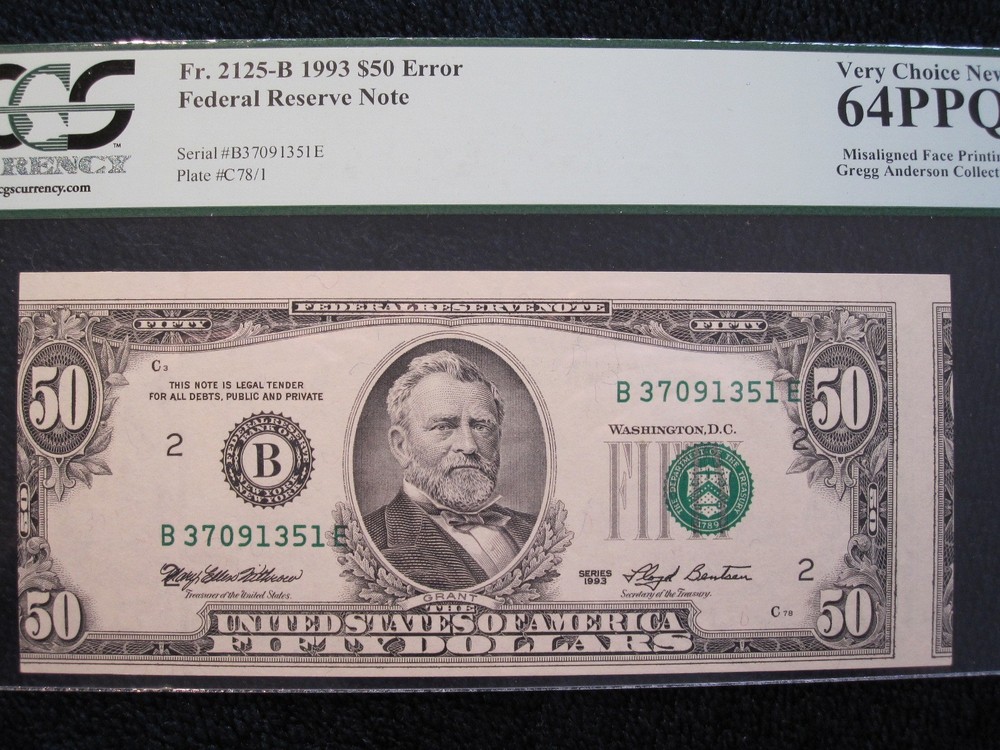 1993 $50 PCGS 64 PPQ FR2125-B PRINTING ERROR NOTE BILL MISALIGNMENT MISALIGNED