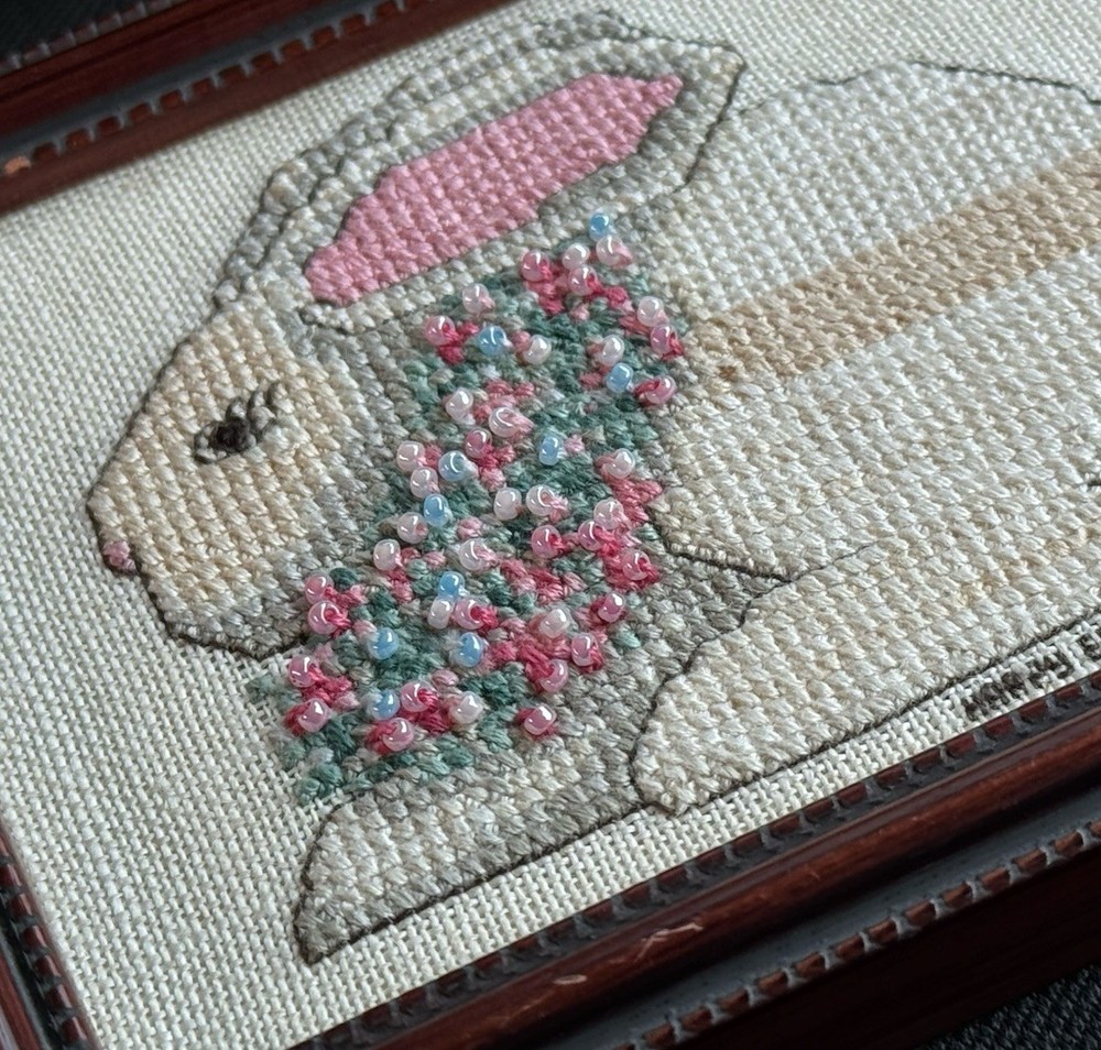 Bunny Rabbit Completed Cross Stitch Framed Finished Beads Easter Small 5”x4”