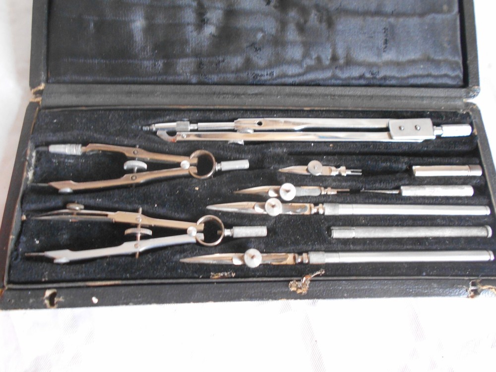 vintage draftsman's set technical drawing instruments in case french 1950s