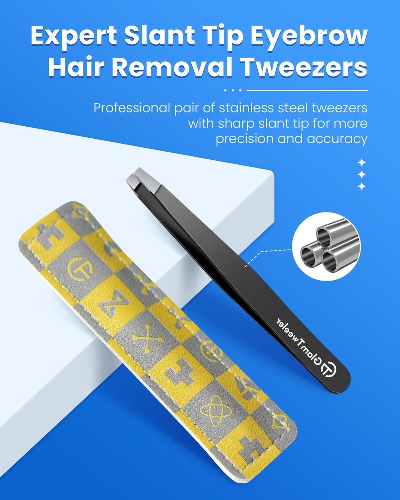 Expert Slant Tip Tweezers with Leather Case, Sharp & Precision Stainless Stee...