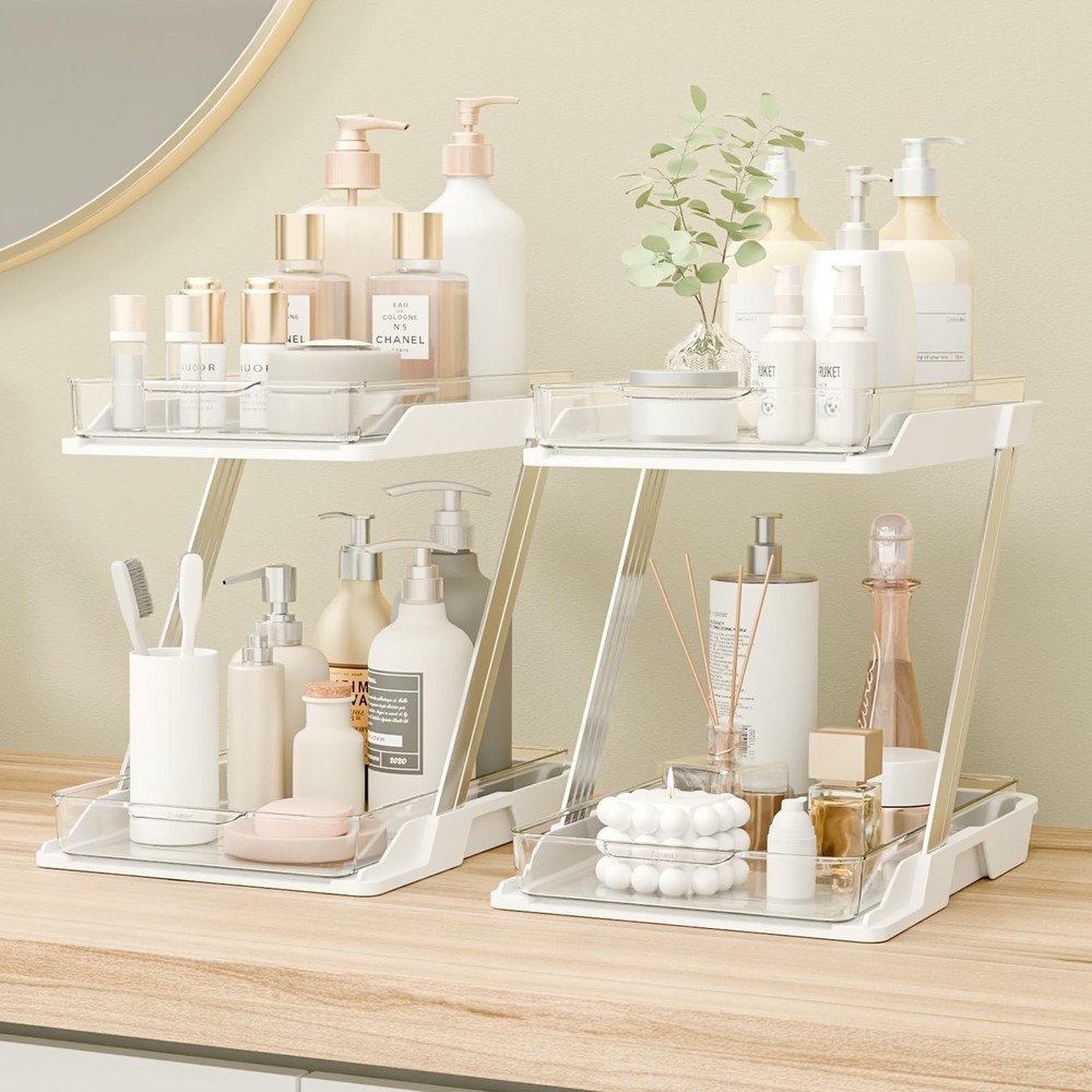2 Pack Bathroom Organizers and Storage - Multi-Purpose,2-Tier Clear Pull Out ...