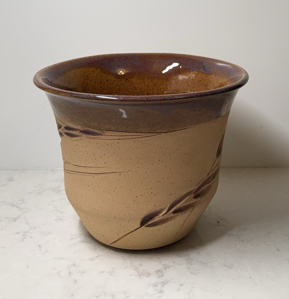 Handmade Pottery Beige Ceramic Planter Wheat Design Signed