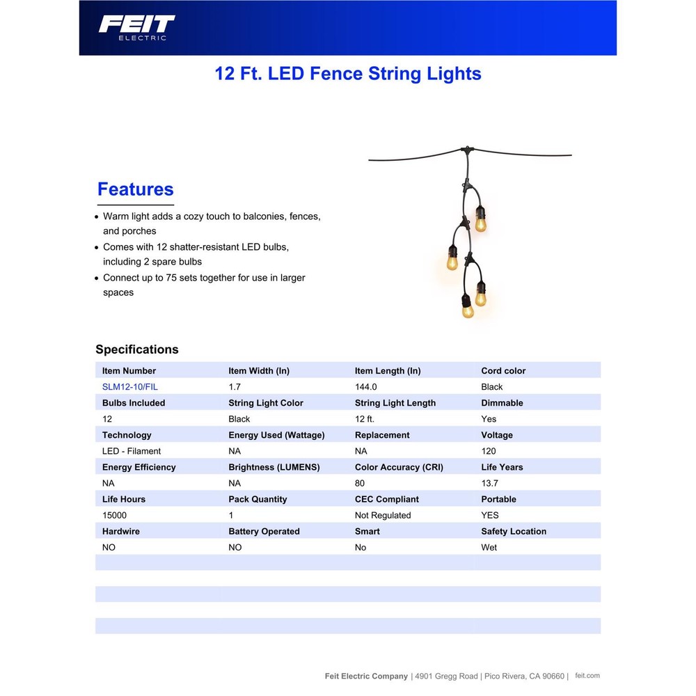 Feit LED String Lights Clear 12 ft. 10 lights