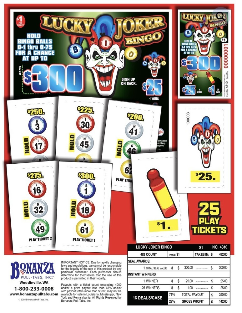 Pull Tab Ticket - Hard Card - Game - Lucky Joker Bingo - 492 ct