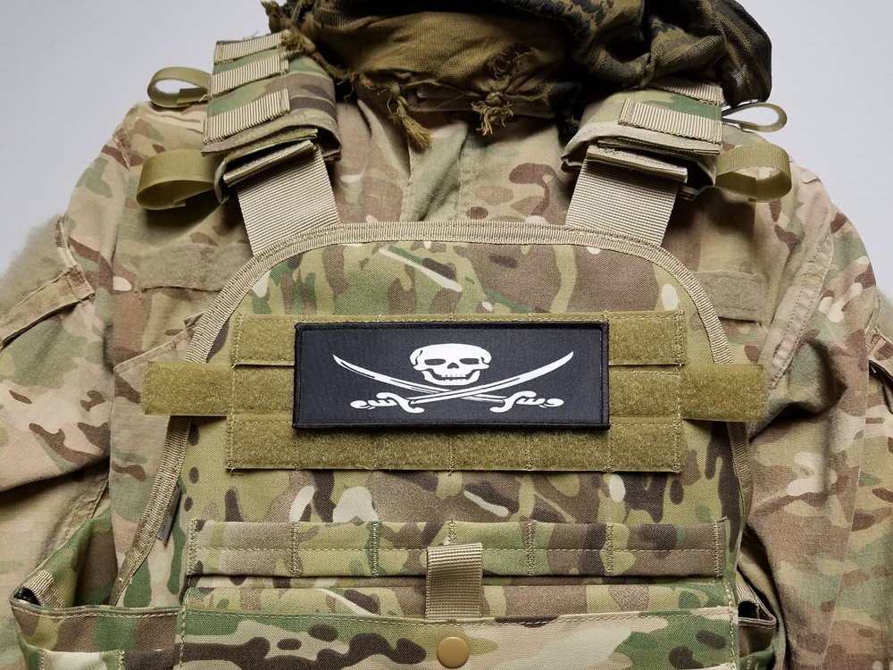 2x6 JOLLY ROGER Raid Patch Hook Backed Maritime Security Pirate Skull