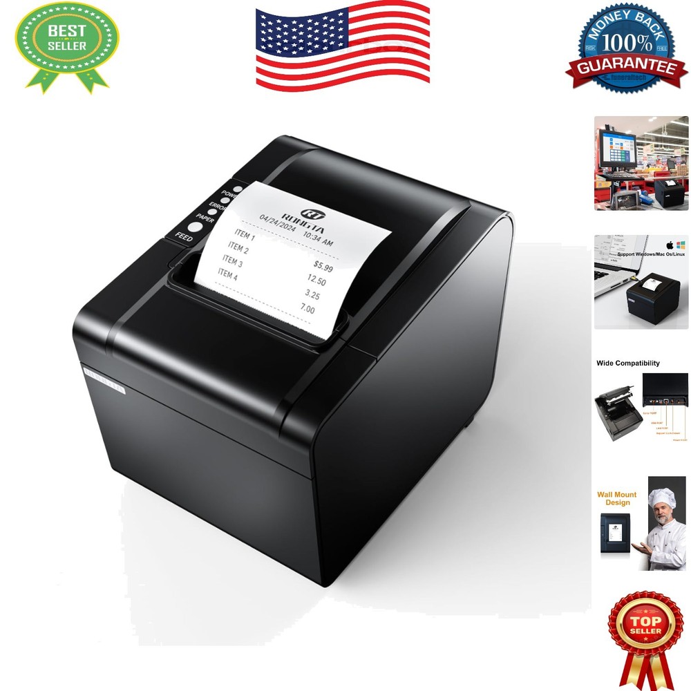Efficient USB Thermal Receipt Printer with Wall Mount Feature & Auto Cutter
