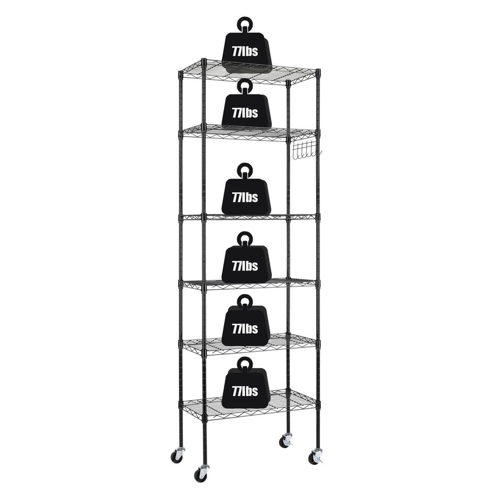 65" Adjustable Rolling Storage Rack 6-Tier Wire Shelving Unit with Hanging Hooks