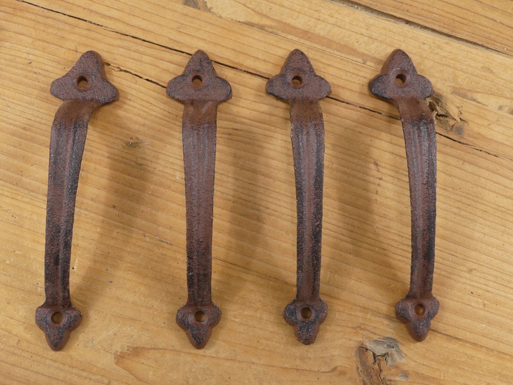 4 CAST IRON HANDLES RUSTIC DRAWER PULLS 6" LONG HANDLE GRASP DOOR GATE FARM