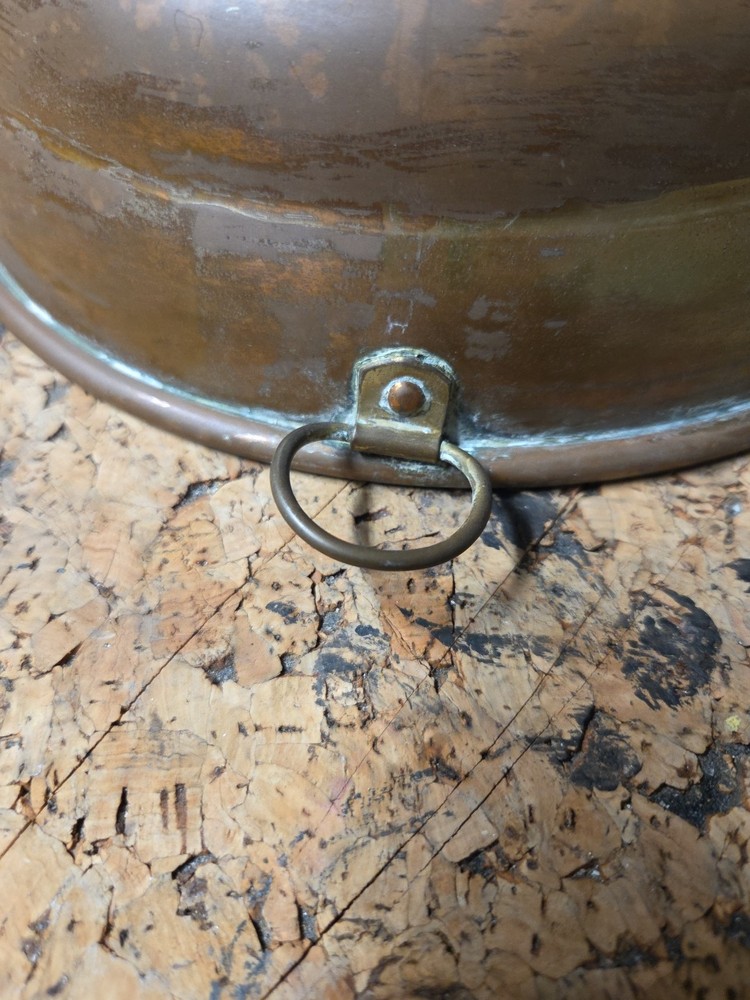 Vintage Copper Tin Lined Bowl Dish 9"x3" Handle Ring