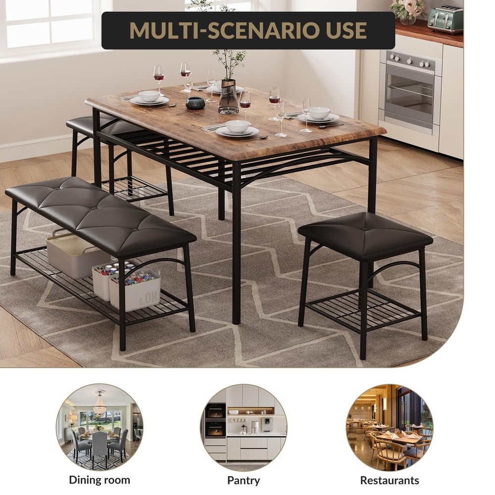 4pcs Dining Set for Small Spaces Kitchen Table w/ Upholstered Bench & 2 Stools