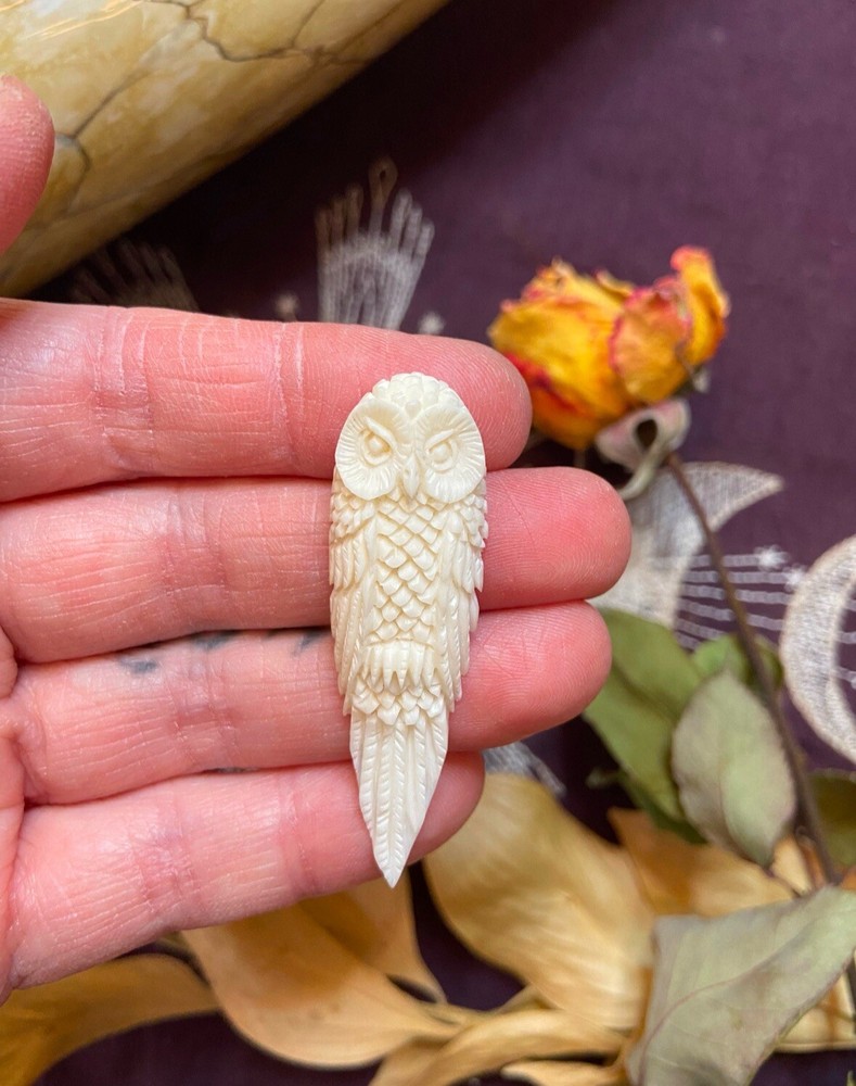 Bovine Bone Owl Carving, Ethically Sourced Cow Bone